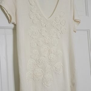 J. Crew Cream V Neck Appliqué Flower Short Sleeve 100% Cotton XL